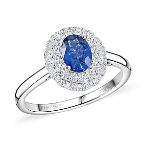 Rhapsody AAAA Andranondambo Blue Sapphire and E-F VS Diamond 1.45 ctw Double Halo Ring in 950 Platinum (Size 8.0) 6.20 Grams