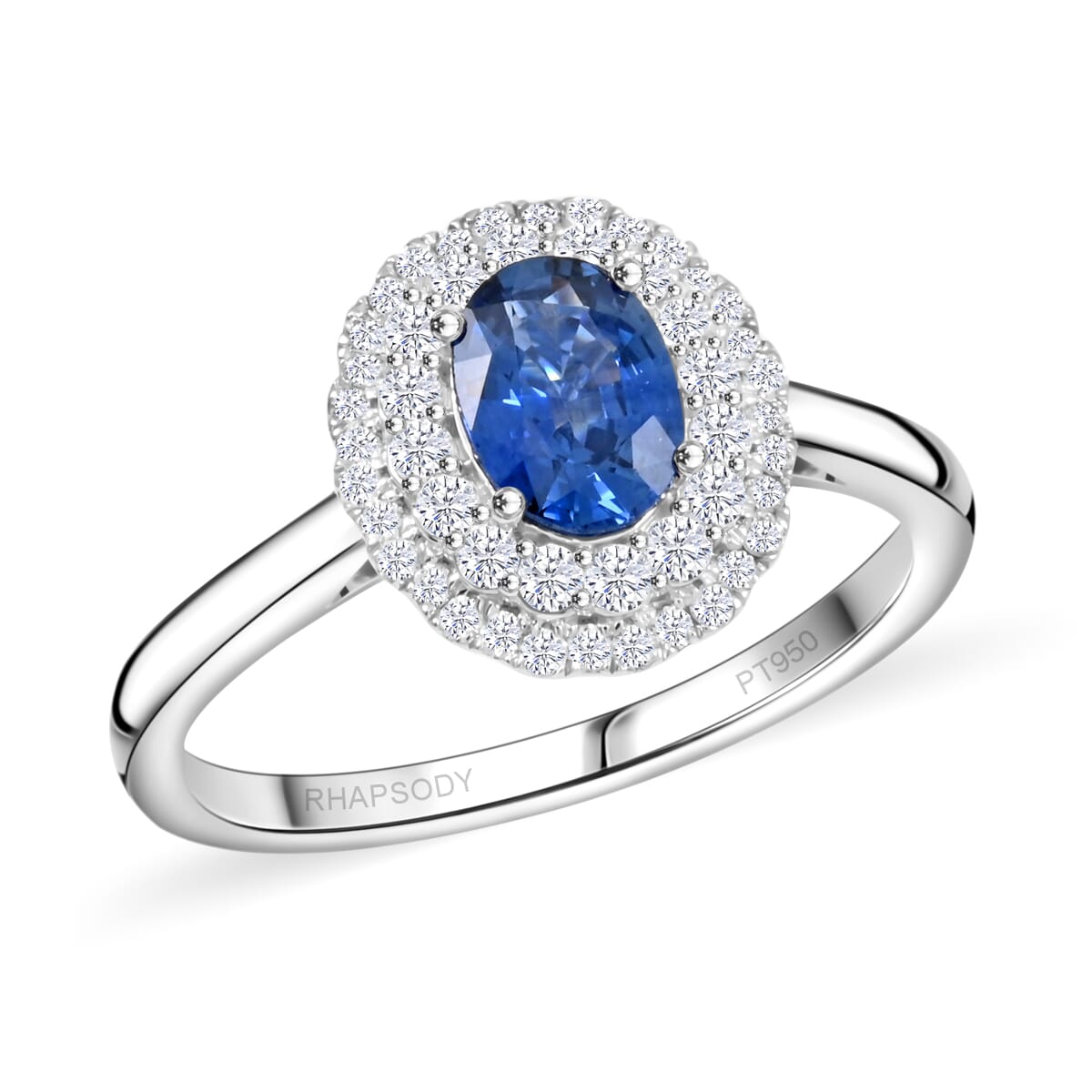 Certified & Appraised Rhapsody AAAA Andranondambo Blue Sapphire and E-F VS Diamond 1.45 ctw Double Halo Ring in 950 Platinum (Size 9.0) 6.20 Grams image number 0