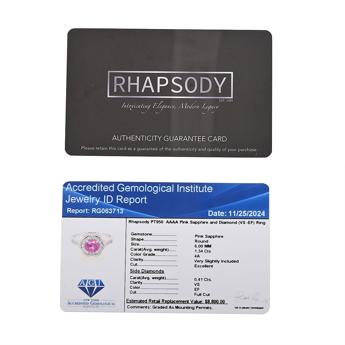 Certified & Appraised Rhapsody 950 Platinum AAA Madagascar Pink Sapphire, Diamond (F-E, VS) (0.41 cts) Ring (Size 10.5) (7 g) 1.75 ctw image number 6