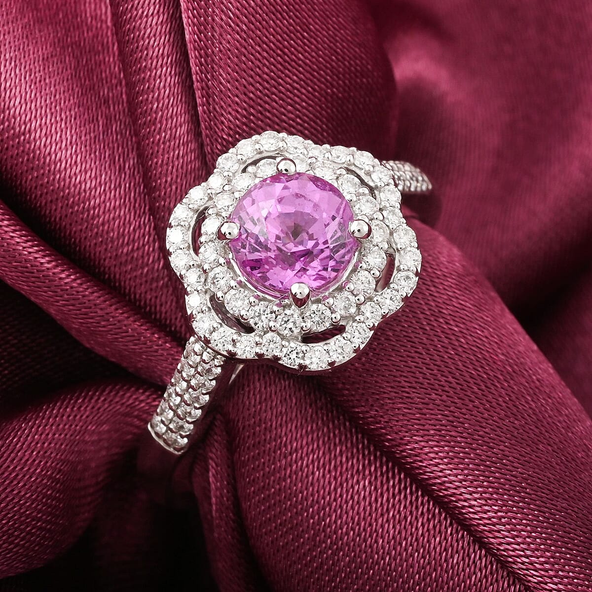 Certified & Appraised Rhapsody 950 Platinum AAA Madagascar Pink Sapphire, Diamond (F-E, VS) (0.41 cts) Ring (Size 5.5) (7 g) 1.75 ctw image number 1