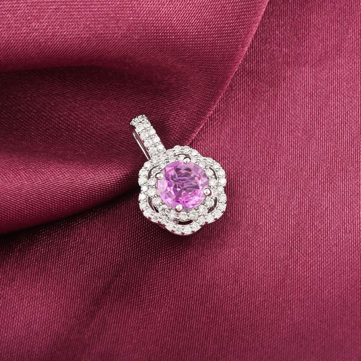 Doorbuster Certified & Appraised Rhapsody AAAA Sakalava Sparkle Madagascar Pink Sapphire and F-E VS Diamond 1.55 ctw Pendant in 950 Platinum 4 Grams image number 1