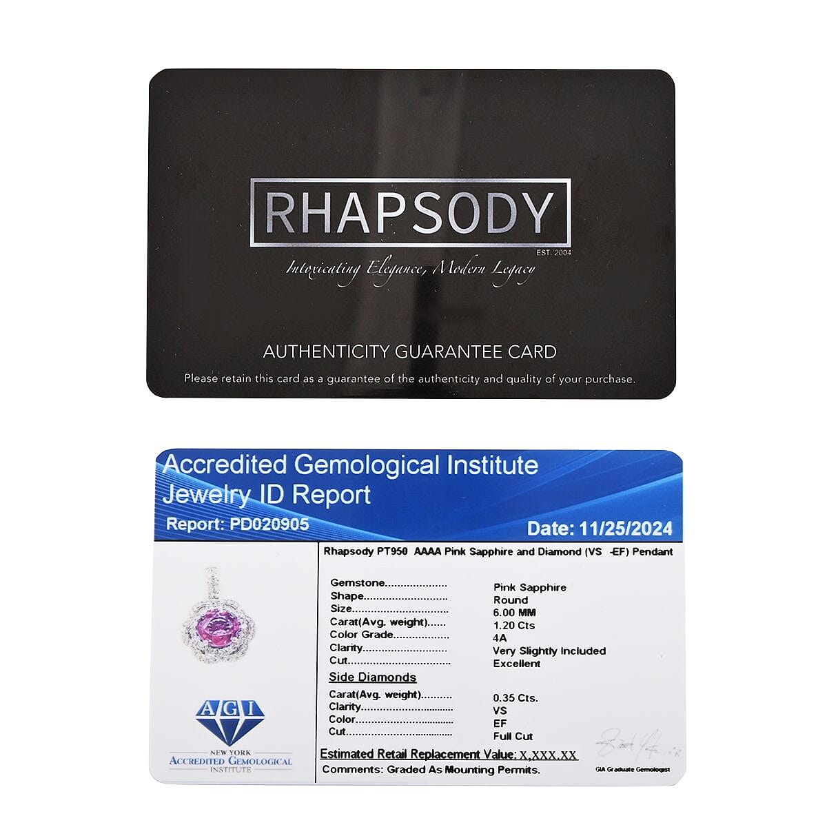 Certified & Appraised Rhapsody AAAA Sakalava Sparkle Madagascar Pink Sapphire and F-E VS Diamond 1.55 ctw Pendant without Chain in 950 Platinum 4 Grams