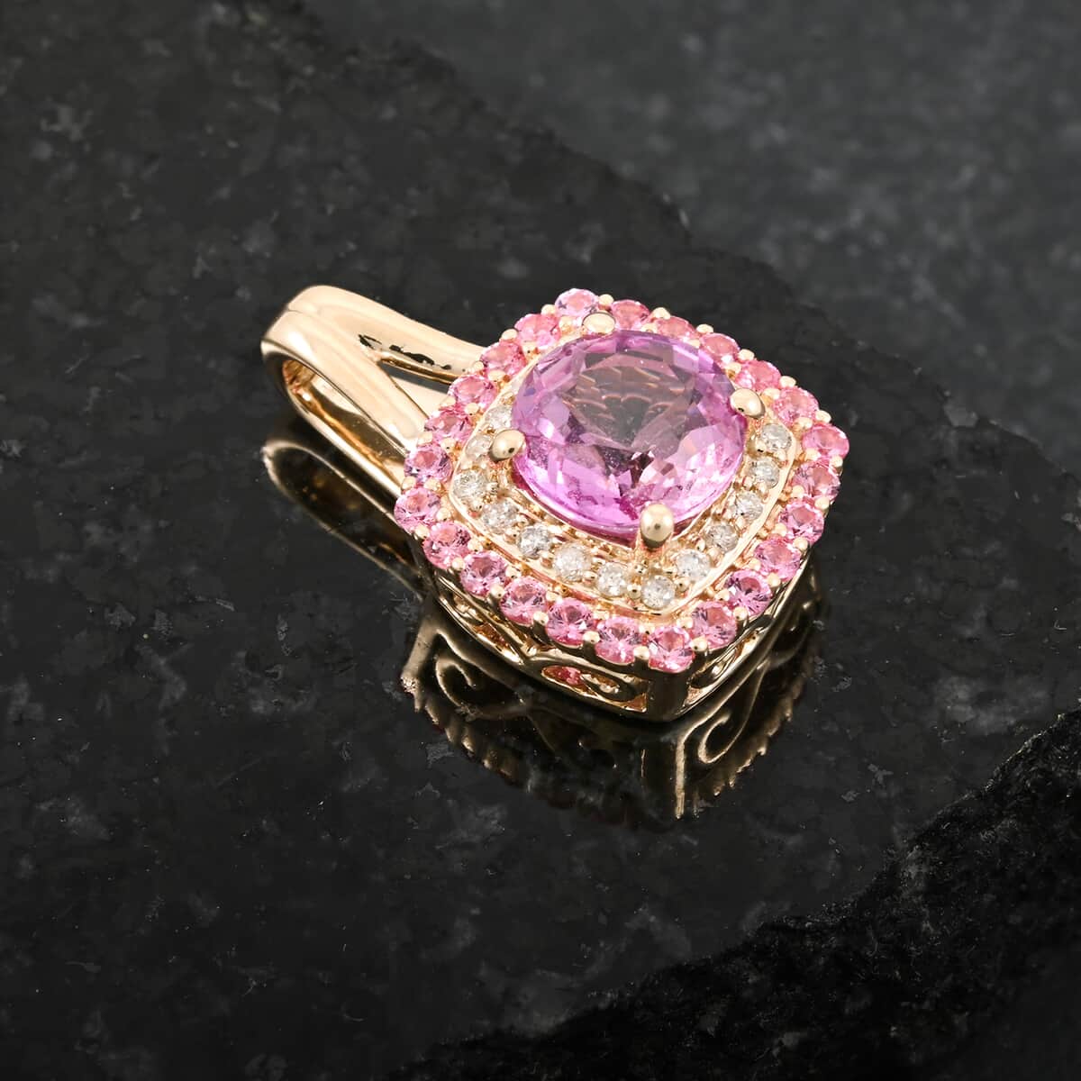 Certified & Appraised Luxoro AAA Madagascar Pink Sapphire, Pink Spinel and G-H I2 Diamond 1.35 ctw Pendant in 10K Yellow Gold image number 1