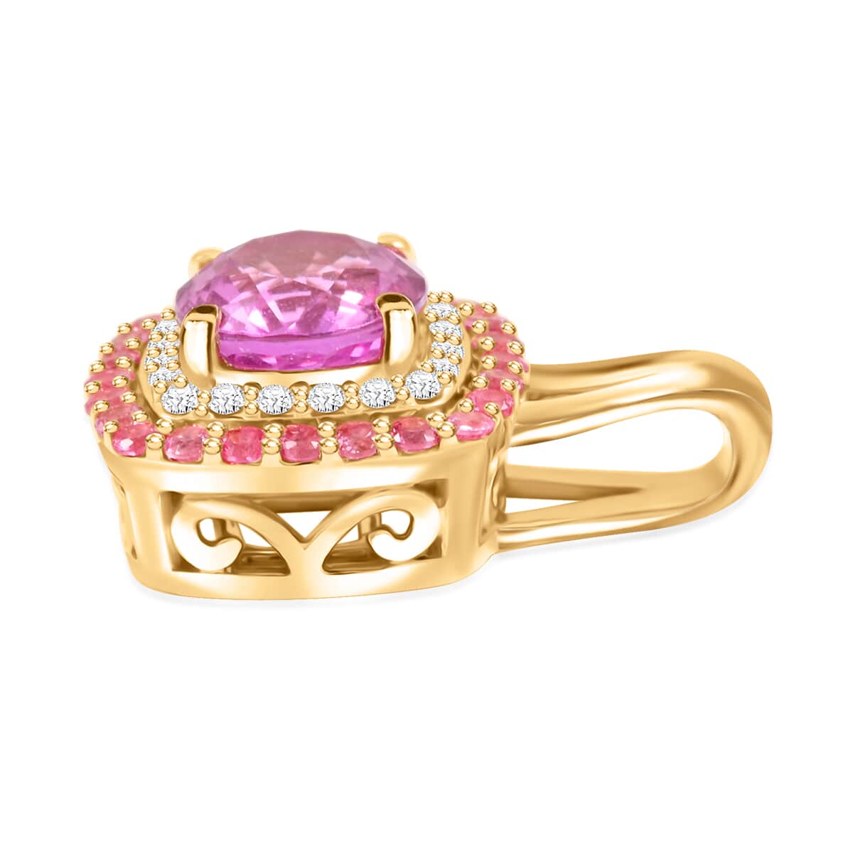 Certified & Appraised Luxoro AAA Madagascar Pink Sapphire, Pink Spinel and G-H I2 Diamond 1.35 ctw Pendant in 10K Yellow Gold image number 3