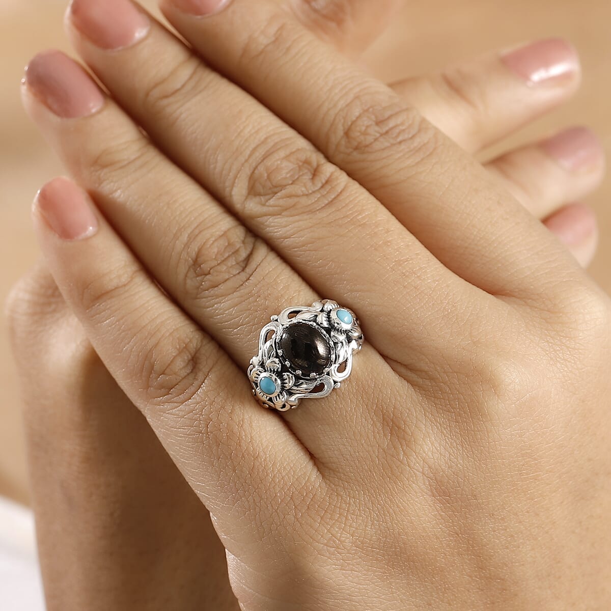 Elite Shungite and Sleeping Beauty Turquoise 1.40 ctw Ring in Sterling Silver (Size 11.0) image number 2