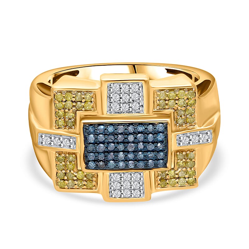 Blue, Yellow and White Diamond 0.65 ctw Art Deco Men's Ring in Vermeil Yellow Gold Over Sterling Silver (Size 10.0)