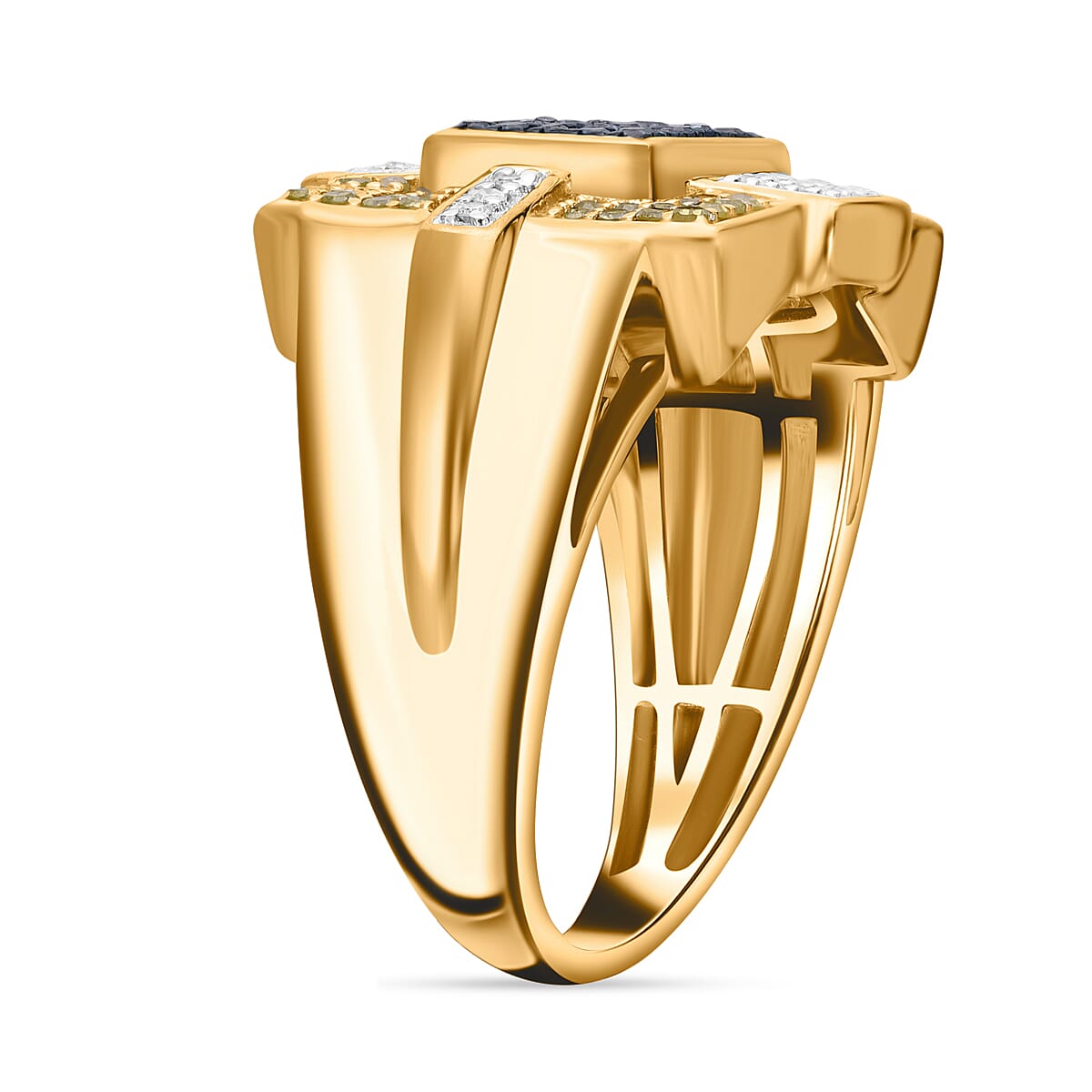Blue and Yellow Diamond (IR), Diamond Art Deco Ring in Vermeil YG Over Sterling Silver (Size 10.0) 0.65 ctw image number 2