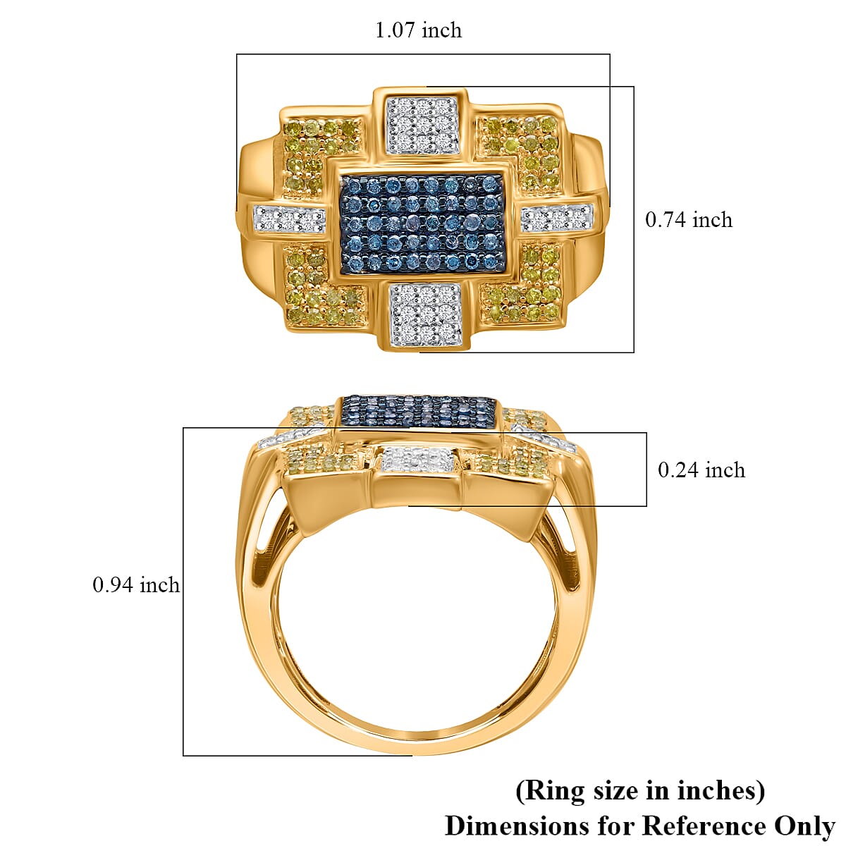 Blue, Yellow and White Diamond 0.65 ctw Art Deco Men's Ring in Vermeil Yellow Gold Over Sterling Silver (Size 10.0)