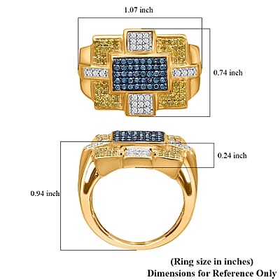 Blue, Yellow and White Diamond 0.65 ctw Art Deco Men's Ring in Vermeil Yellow Gold Over Sterling Silver (Size 10.0)