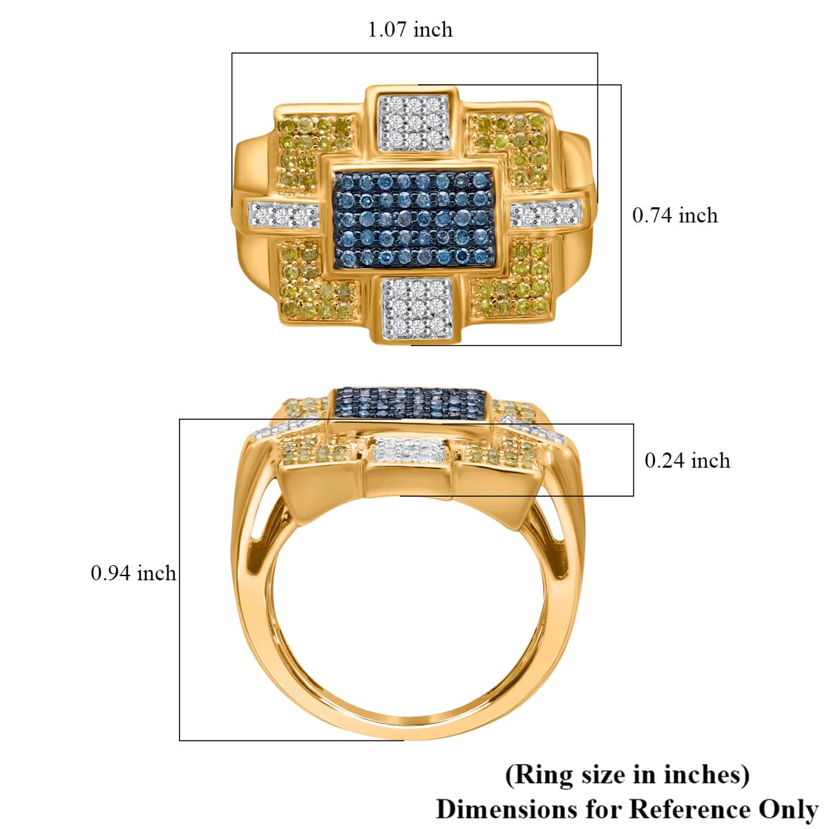 Blue, Yellow and White Diamond 0.65 ctw Art Deco Ring in Vermeil Yellow Gold Over Sterling Silver (Size 11.0) image number 4