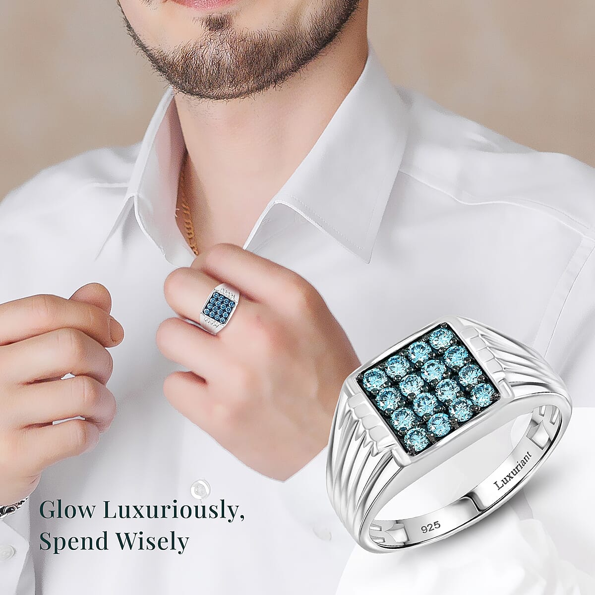 Luxuriant Lab Grown Blue Diamond G-H SI 1.00 ctw Men's Ring in Platinum Over Sterling Silver (Size 12.0) image number 1