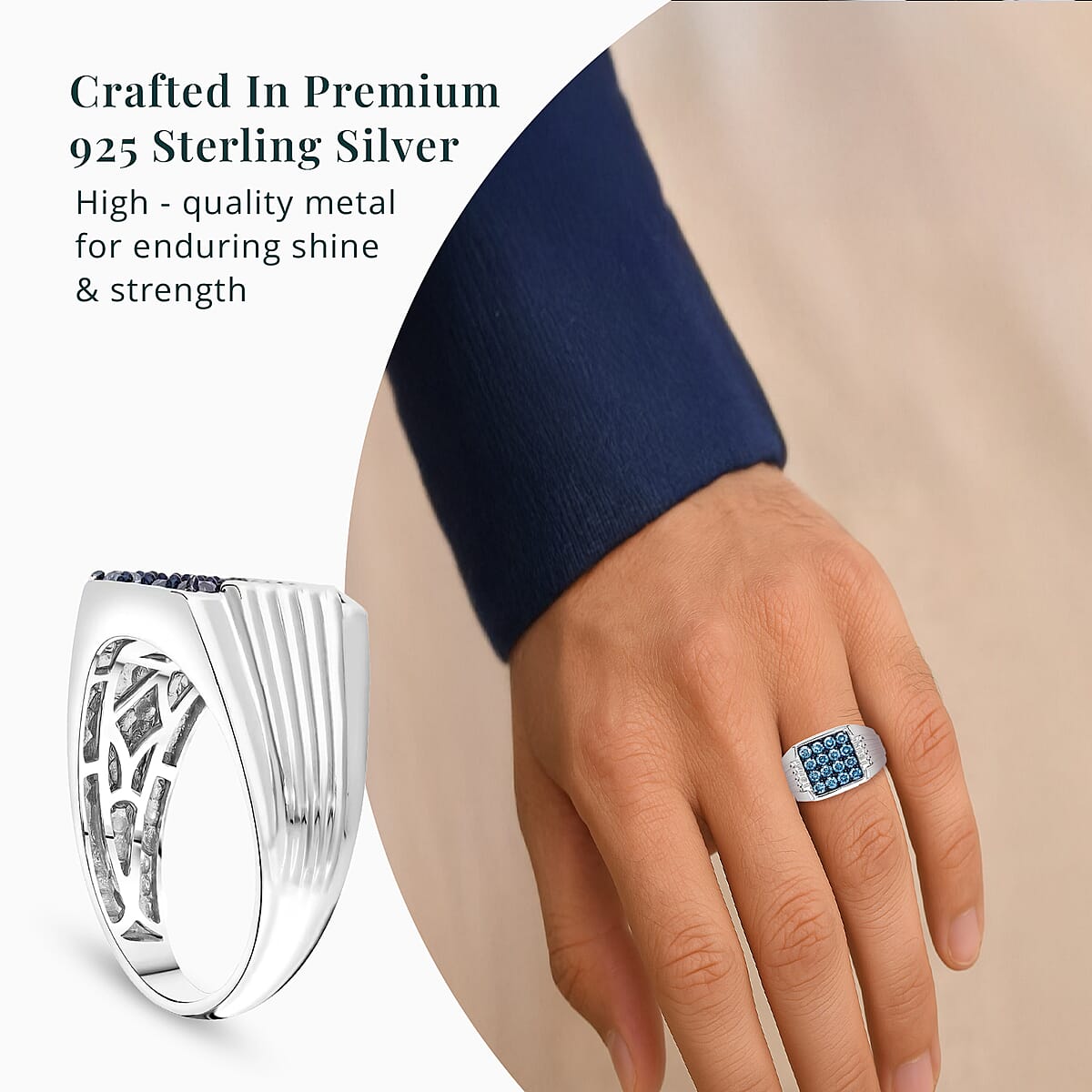 Luxuriant Lab Grown Blue Diamond G-H SI 1.00 ctw Men's Ring in Platinum Over Sterling Silver (Size 12.0) image number 4