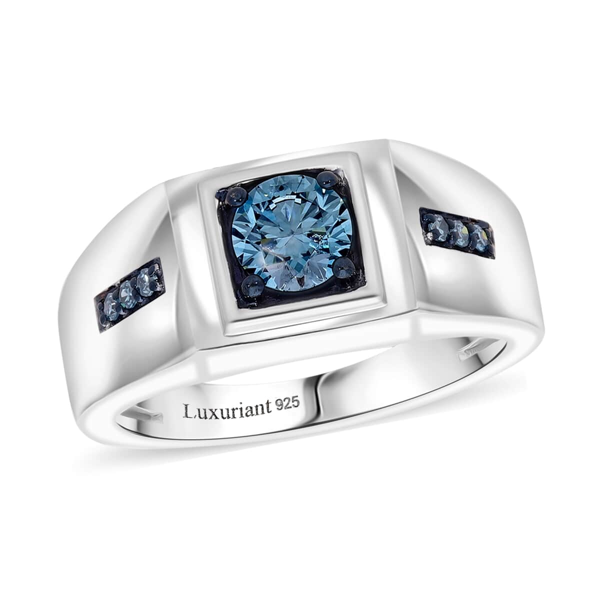 Luxuriant Lab Grown Blue Diamond (SI) Men's Ring in Platinum Over Sterling Silver (Size 10.0) 1.00 ctw image number 0