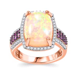 Ethiopian Welo Opal and Multi Gemstone 5.00 ctw Halo Ring in 18K Vermeil Rose Gold Over Sterling Silver (Size 10.0) 