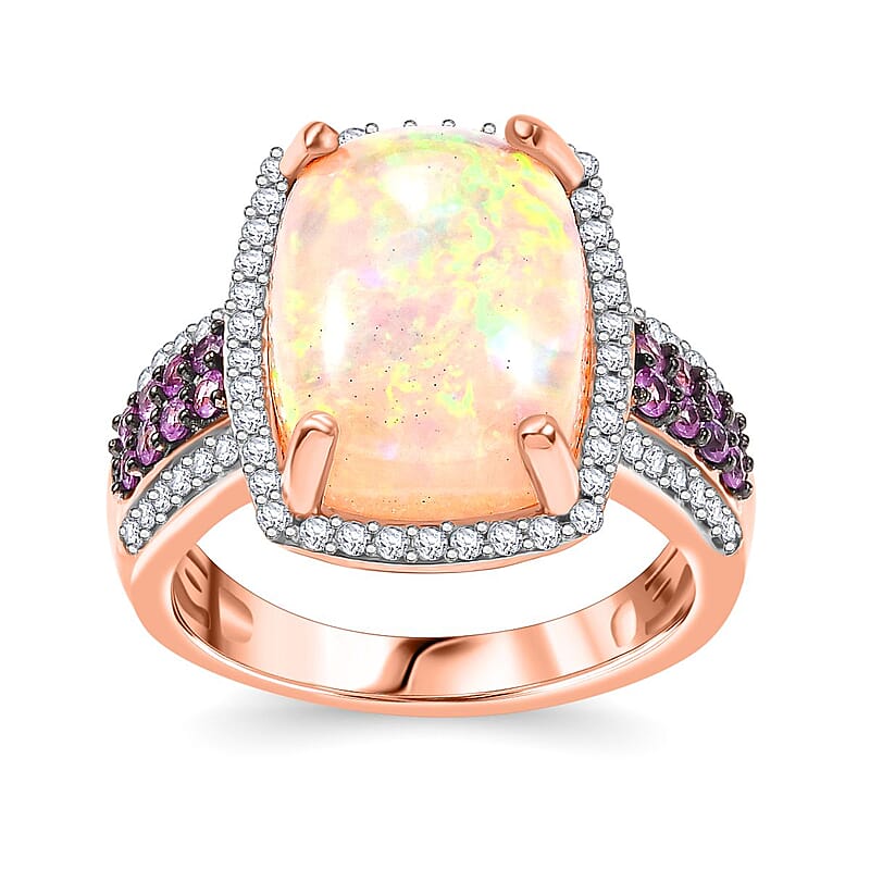 D'Joy Ethiopian Welo Opal and Multi Gemstone 5.00 ctw Halo Ring in 18K Vermeil Rose Gold Over Sterling Silver (Size 10.0) 