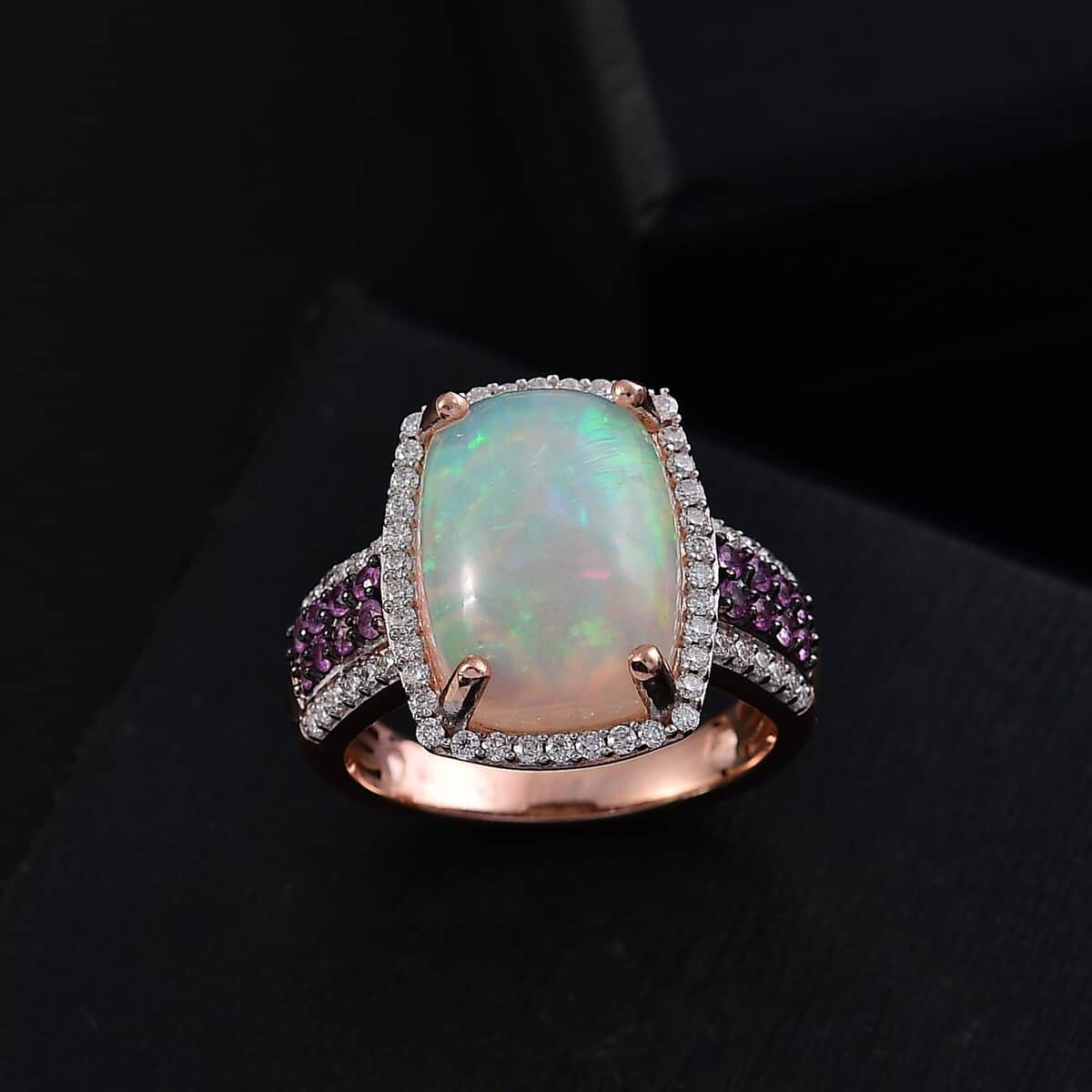 Ethiopian Welo Opal and Multi Gemstone 5.00 ctw Halo Ring in 18K Vermeil Rose Gold Over Sterling Silver (Size 10.0)  image number 1