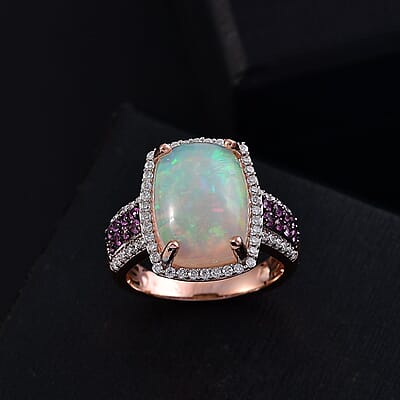 D'Joy Ethiopian Welo Opal and Multi Gemstone 5.00 ctw Halo Ring in 18K Vermeil Rose Gold Over Sterling Silver (Size 10.0) 