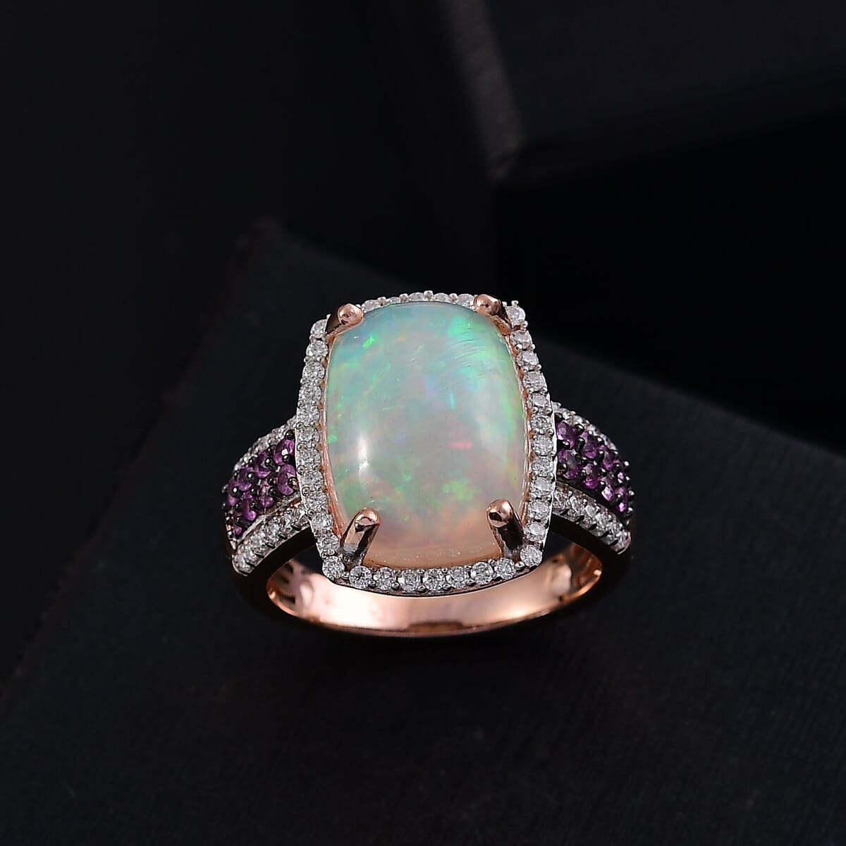 Ethiopian Welo Opal and Multi Gemstone 5.00 ctw Halo Ring in 18K Vermeil Rose Gold Over Sterling Silver (Size 6.0)  image number 1