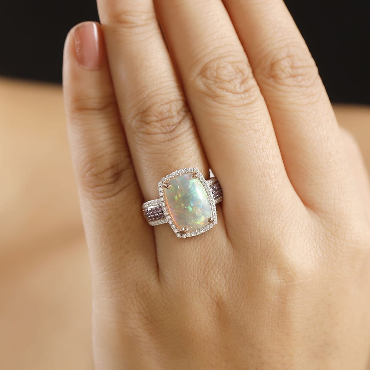 Ethiopian Welo Opal and Multi Gemstone 5.00 ctw Halo Ring in 18K Vermeil Rose Gold Over Sterling Silver (Size 6.0)  image number 2