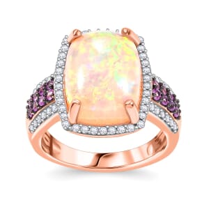 Ethiopian Welo Opal and Multi Gemstone 5.00 ctw Halo Ring in 18K Vermeil Rose Gold Over Sterling Silver (Size 7.0) 