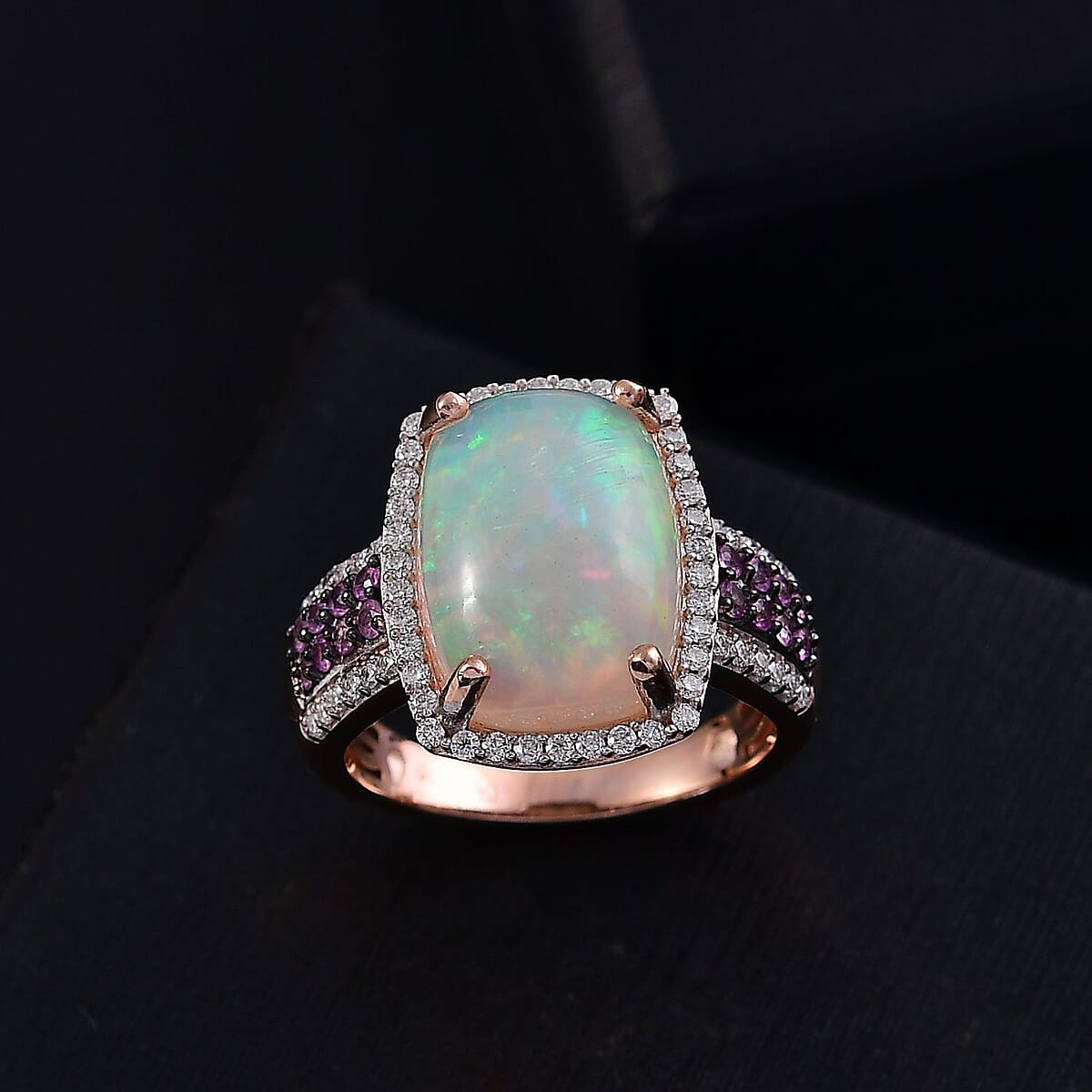 D'Joy Ethiopian Welo Opal and Multi Gemstone 5.00 ctw Halo Ring in 18K Vermeil Rose Gold Over Sterling Silver (Size 8.0)  image number 1