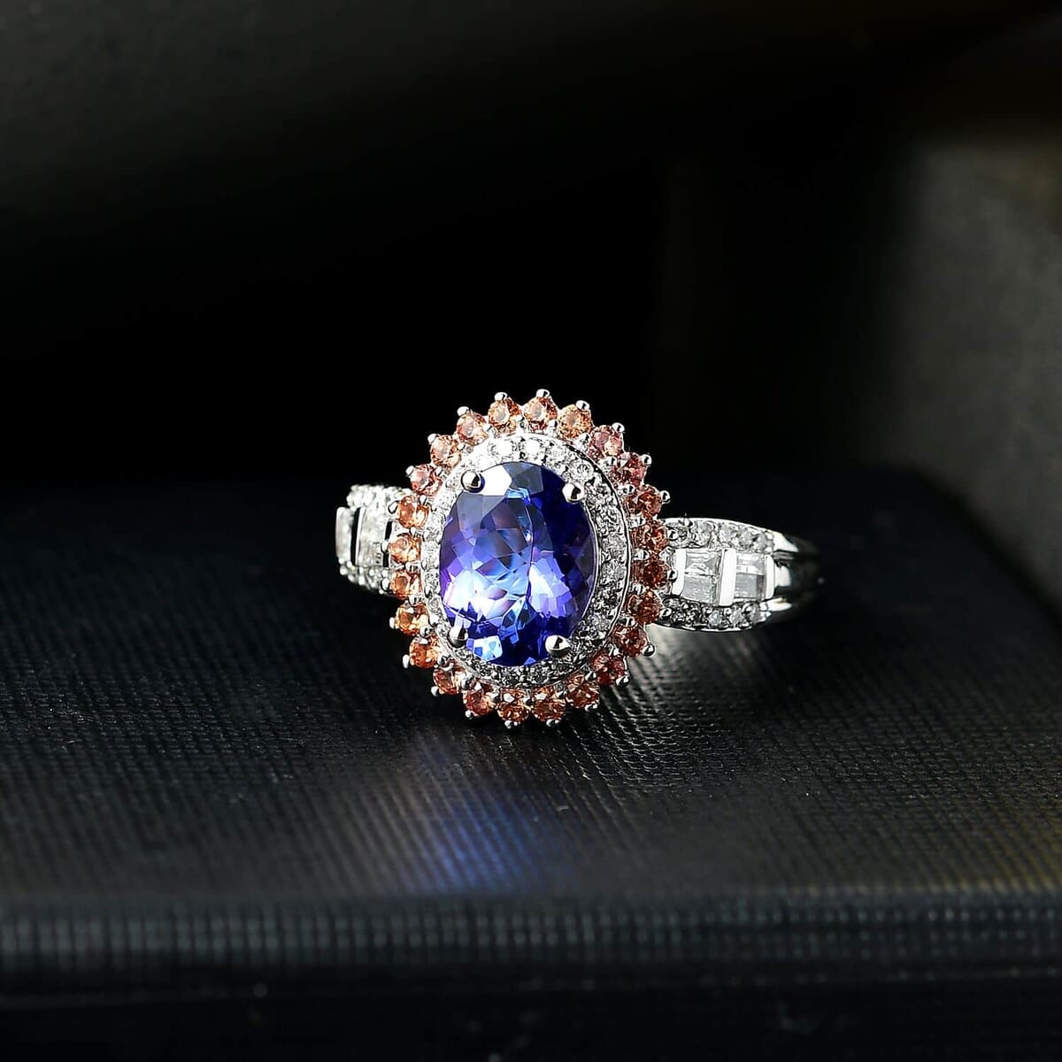 10K White Gold  AAA   Tanzanite ,  Padparadscha Sapphire ,  White Diamond  I2 Main Stone With Side Stone Ring 2.56 ctw ,  Gold Wt. 3.8 g image number 1