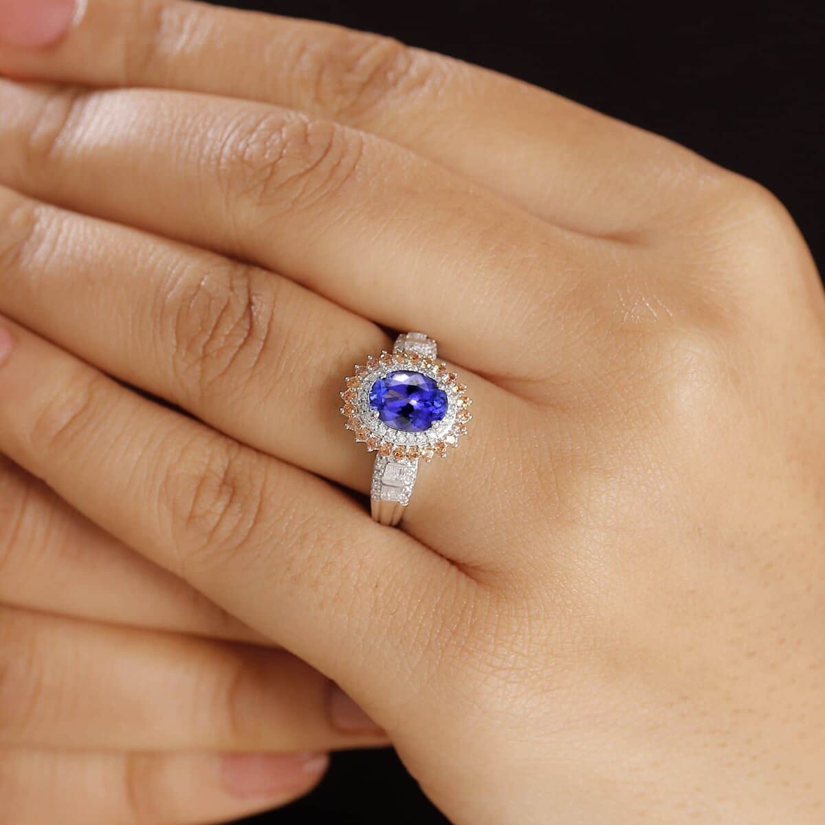 10K White Gold  AAA   Tanzanite ,  Padparadscha Sapphire ,  White Diamond  I2 Main Stone With Side Stone Ring 2.56 ctw ,  Gold Wt. 3.8 g image number 2