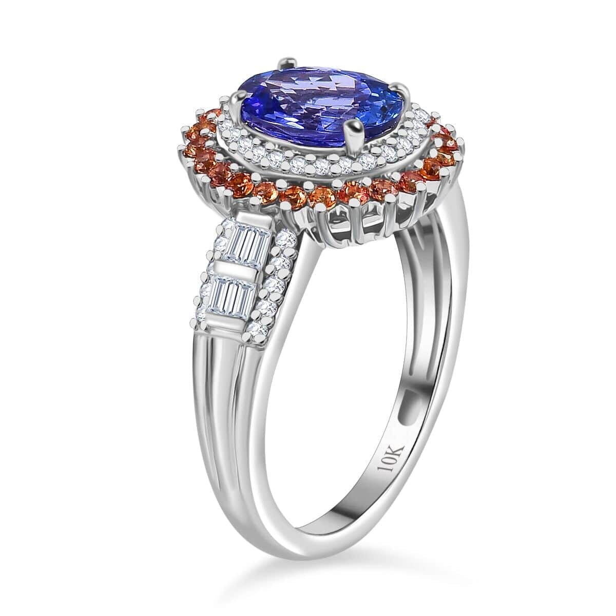 10K White Gold  AAA   Tanzanite ,  Padparadscha Sapphire ,  White Diamond  I2 Main Stone With Side Stone Ring 2.56 ctw ,  Gold Wt. 3.8 g image number 3