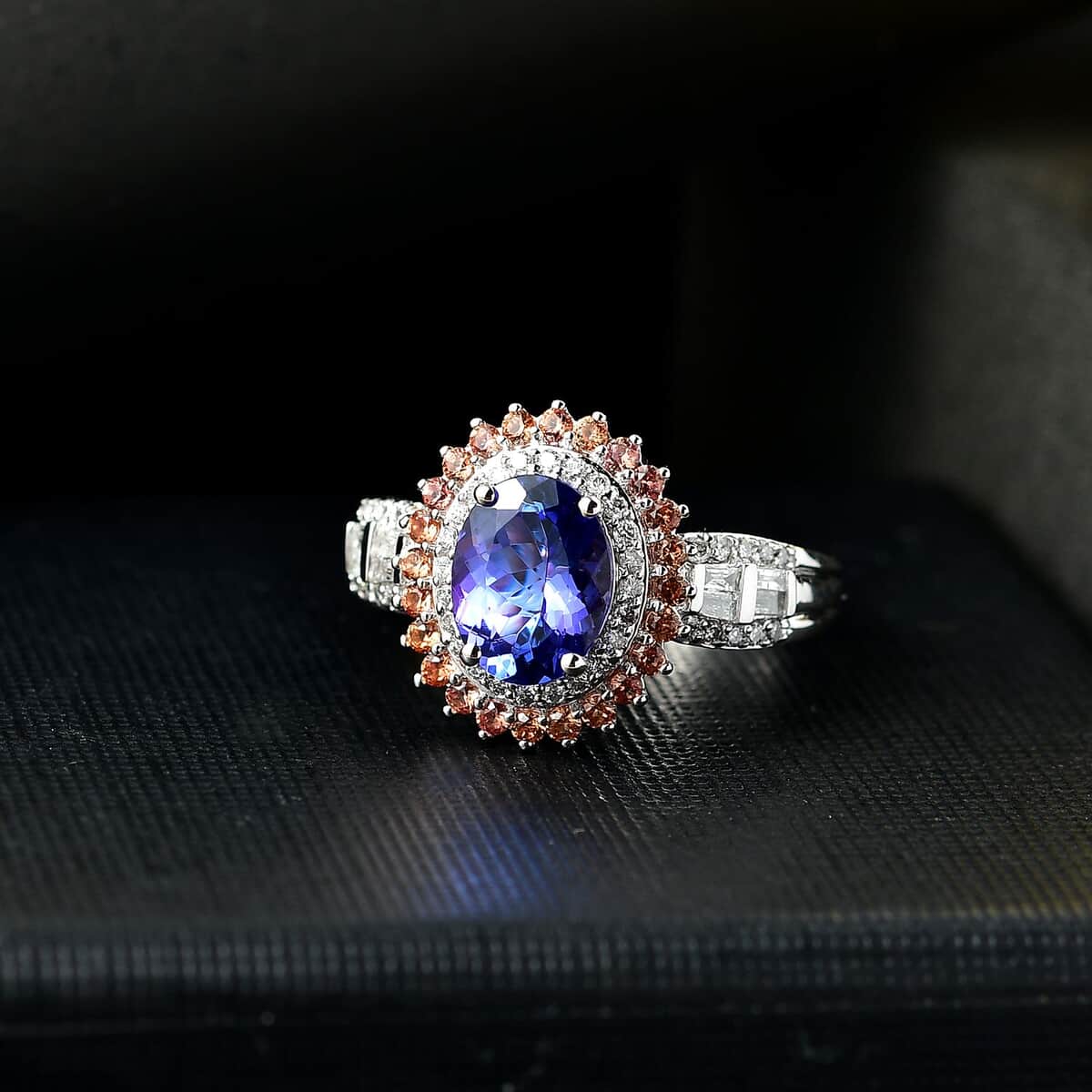 Luxoro AAA Tanzanite, Padparadscha Sapphire and G-H I2 Diamond 2.65 ctw Double Halo Ring in 10K White Gold (Size 6.0) image number 1