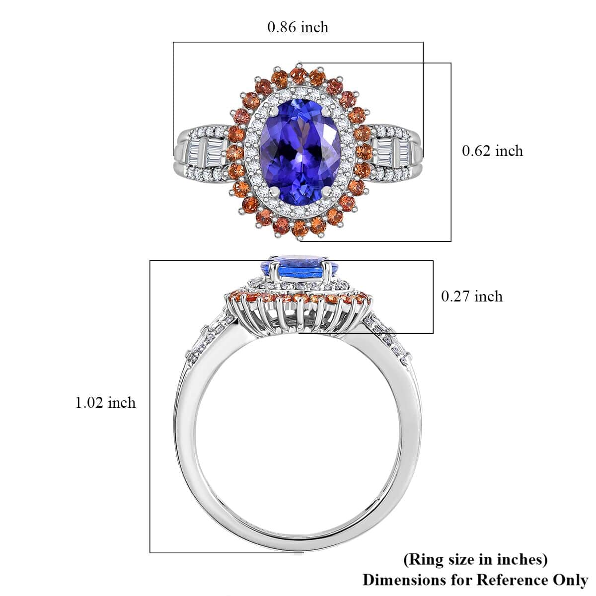 Luxoro AAA Tanzanite, Padparadscha Sapphire and G-H I2 Diamond 2.65 ctw Double Halo Ring in 10K White Gold (Size 6.0) image number 5