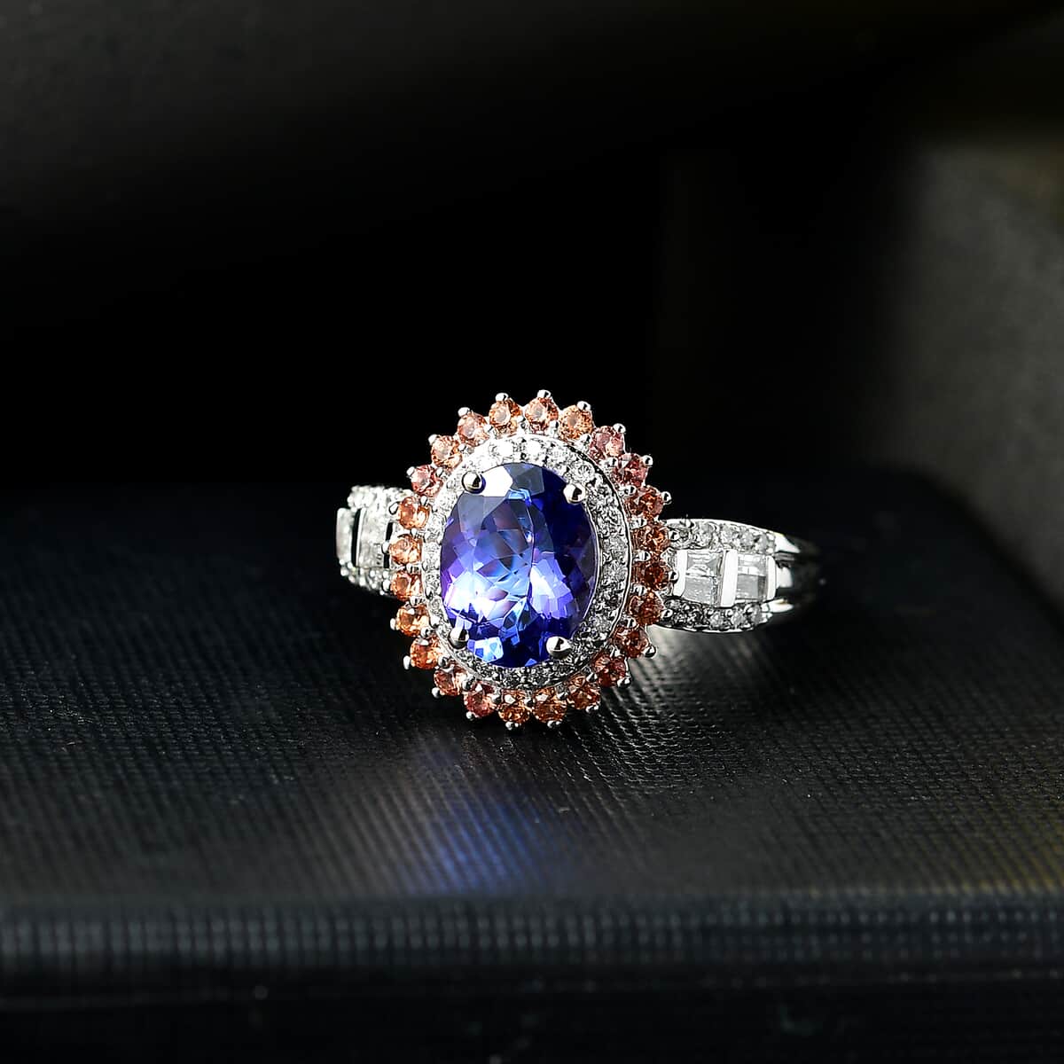 Luxoro AAA Tanzanite, Padparadscha Sapphire and G-H I2 Diamond 2.65 ctw Double Halo Ring in 10K White Gold (Size 7.0) image number 1