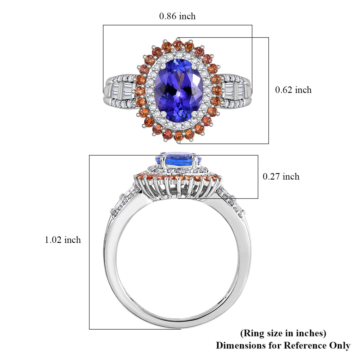 Luxoro AAA Tanzanite, Padparadscha Sapphire and G-H I2 Diamond 2.65 ctw Double Halo Ring in 10K White Gold (Size 7.0) image number 5