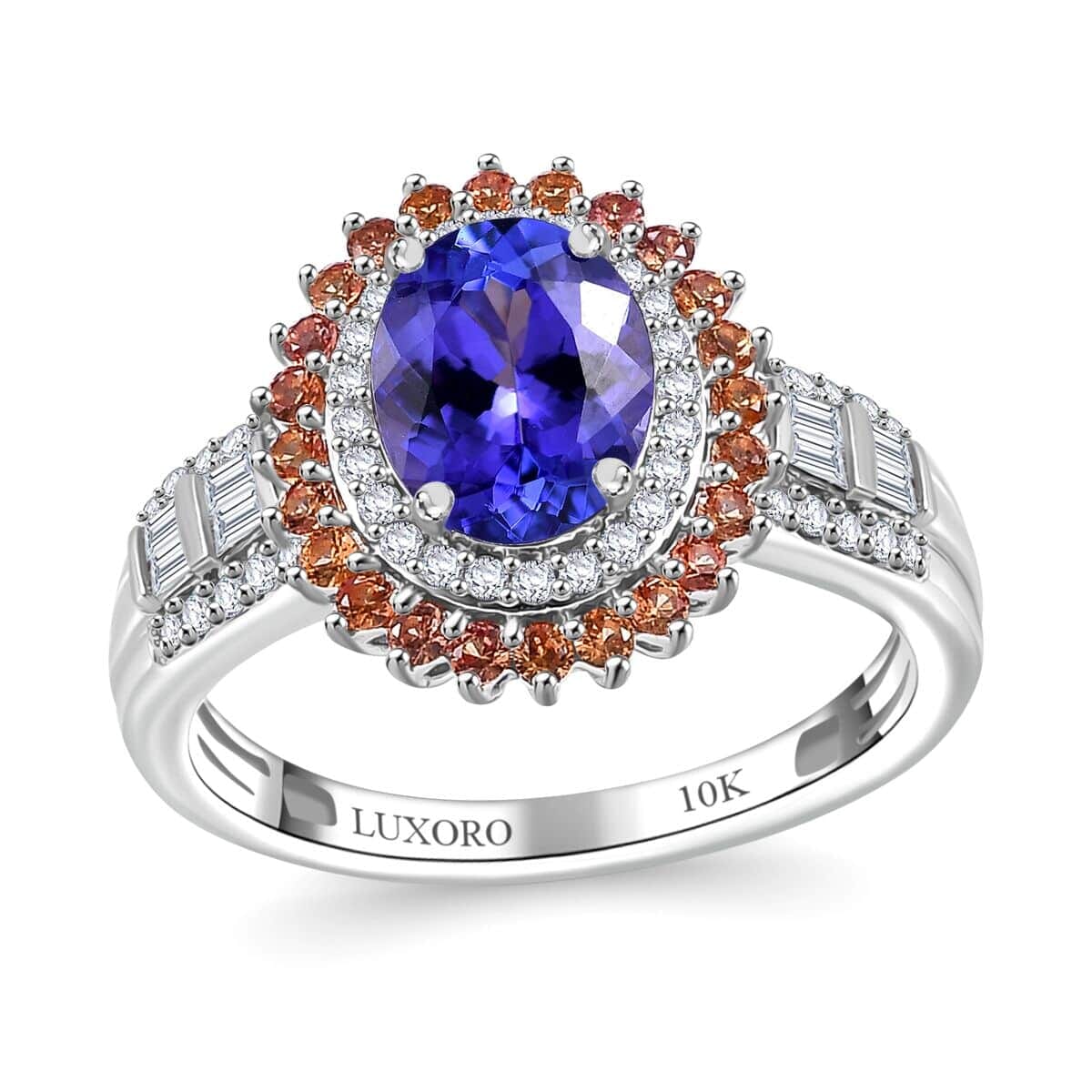 Luxoro 10K White Gold AAA Tanzanite, Padparadscha Sapphire, Diamond (G-H, I2) (0.40) Double Halo Ring (Size 7.5) 2.50 ctw image number 0