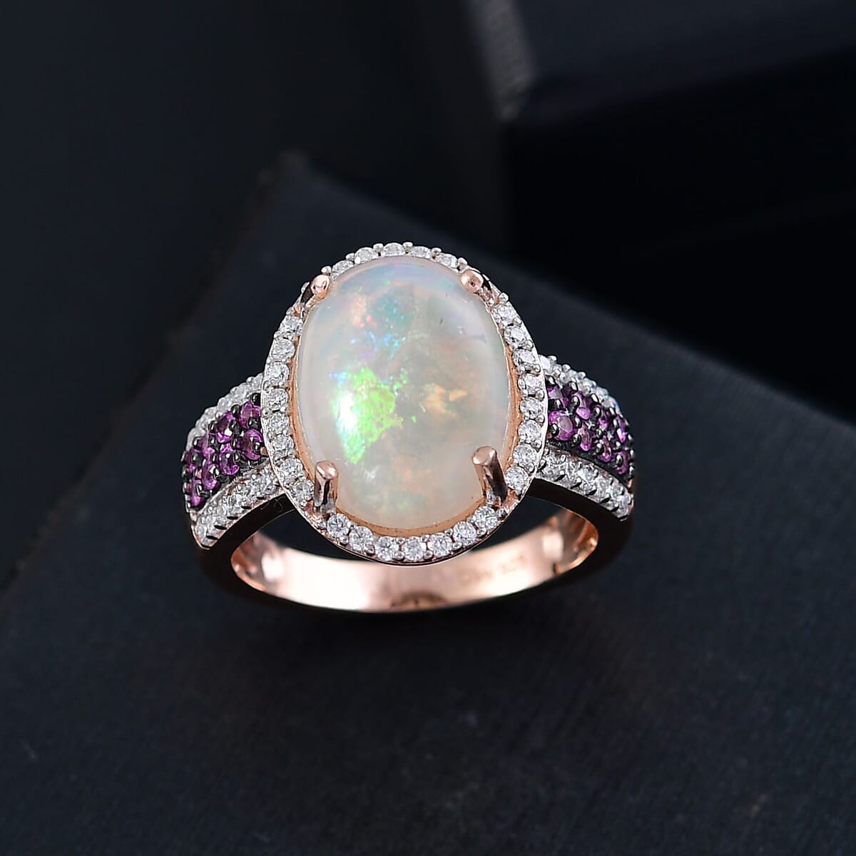 Ethiopian Welo Opal and Multi Gemstone 4.35 ctw Halo Ring in 18K Vermeil Rose Gold Over Sterling Silver (Size 7.0)  image number 1