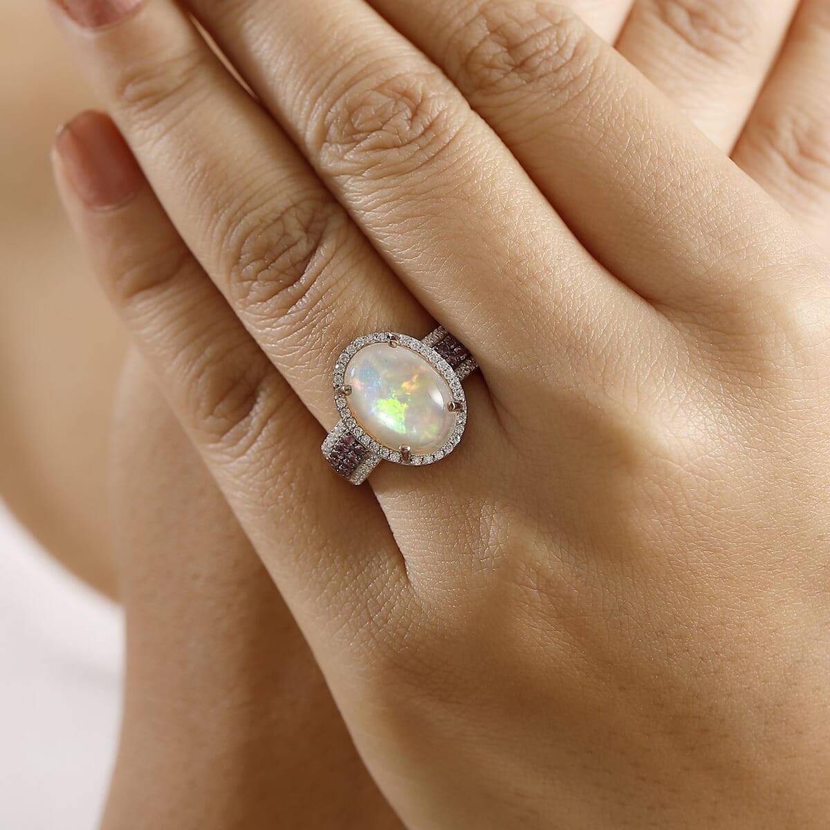 Ethiopian Welo Opal and Multi Gemstone 4.35 ctw Halo Ring in 18K Vermeil Rose Gold Over Sterling Silver (Size 7.0)  image number 2