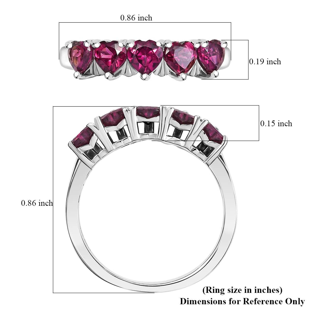 Premium Orissa Rhodolite Garnet 1.50 ctw 5 Stone Heart Ring in Rhodium Over Sterling Silver (Size 10.0) image number 5