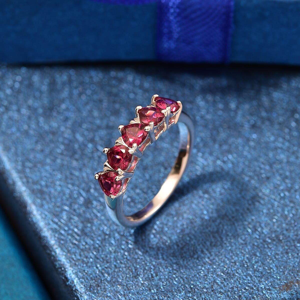 Premium Orissa Rhodolite Garnet 1.50 ctw 5 Stone Heart Ring in Rhodium Over Sterling Silver (Size 7.0) image number 1