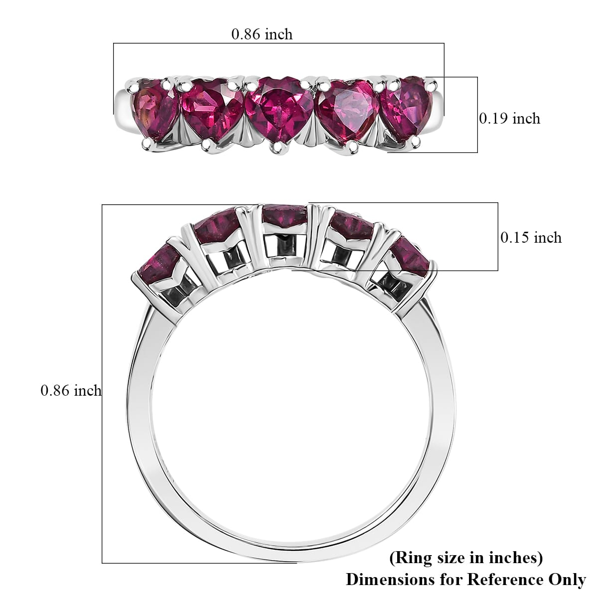 Premium Orissa Rhodolite Garnet 1.50 ctw 5 Stone Heart Ring in Rhodium Over Sterling Silver (Size 7.0) image number 5