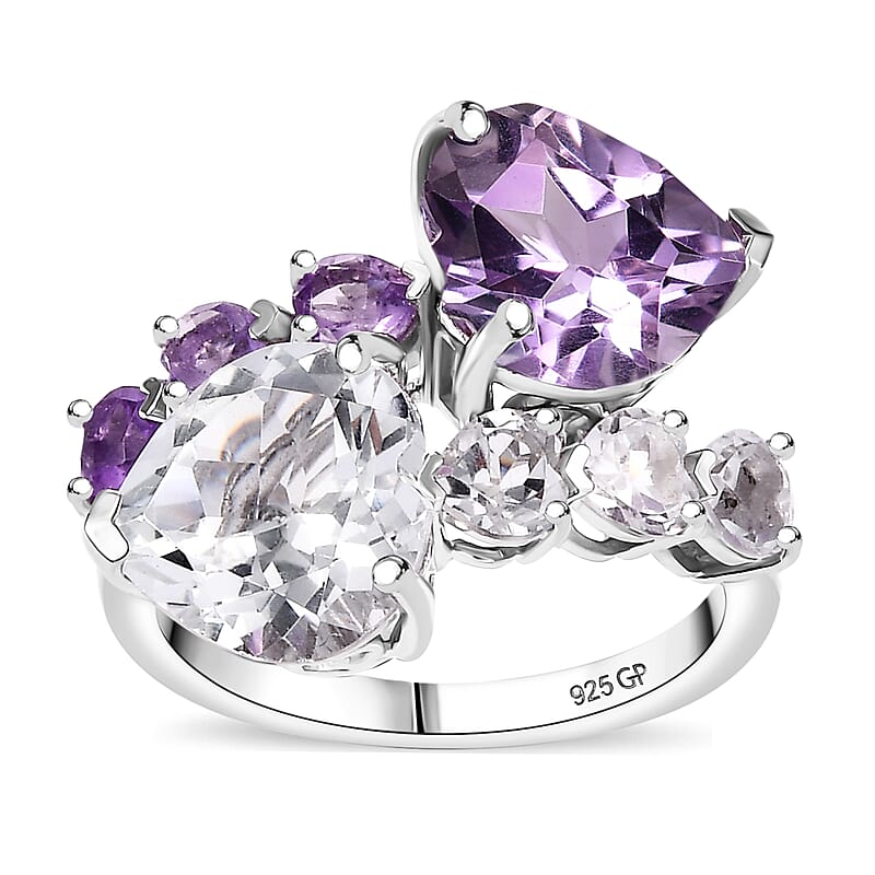 GP Amore Collection Rose De France Amethyst and White Topaz 9.00 ctw Heart Bypass Ring in Rhodium Over Sterling Silver (Size 10.0)