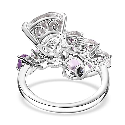 GP Amore Collection Rose De France Amethyst and White Topaz 9.00 ctw Heart Bypass Ring in Rhodium Over Sterling Silver (Size 10.0)