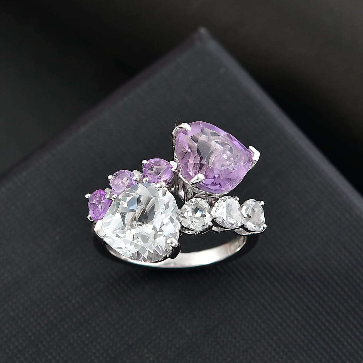 GP Amore Collection Rose De France Amethyst and White Topaz 9.00 ctw Heart Bypass Ring in Rhodium Over Sterling Silver (Size 5.0) image number 1