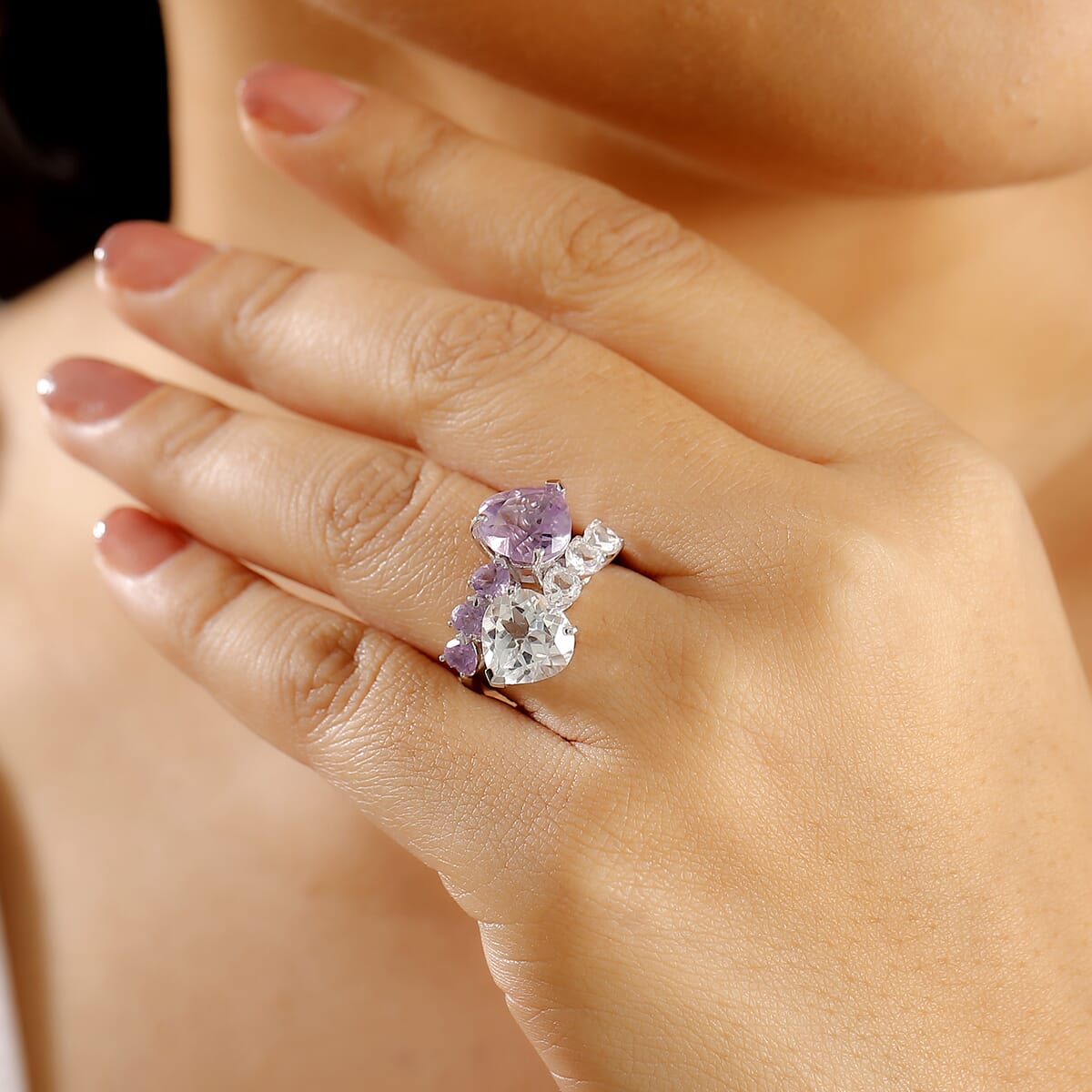 GP Amore Collection Rose De France Amethyst and White Topaz 9.00 ctw Heart Bypass Ring in Rhodium Over Sterling Silver (Size 5.0) image number 2