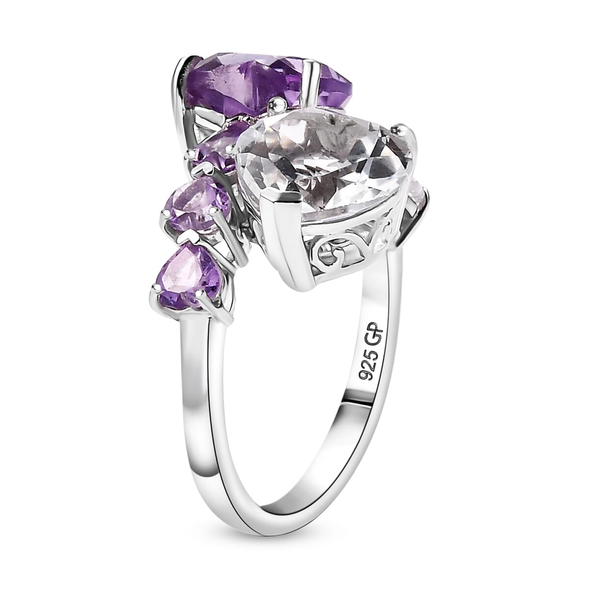 GP Amore Collection Rose De France Amethyst and White Topaz 9.00 ctw Heart Bypass Ring in Rhodium Over Sterling Silver (Size 5.0) image number 3
