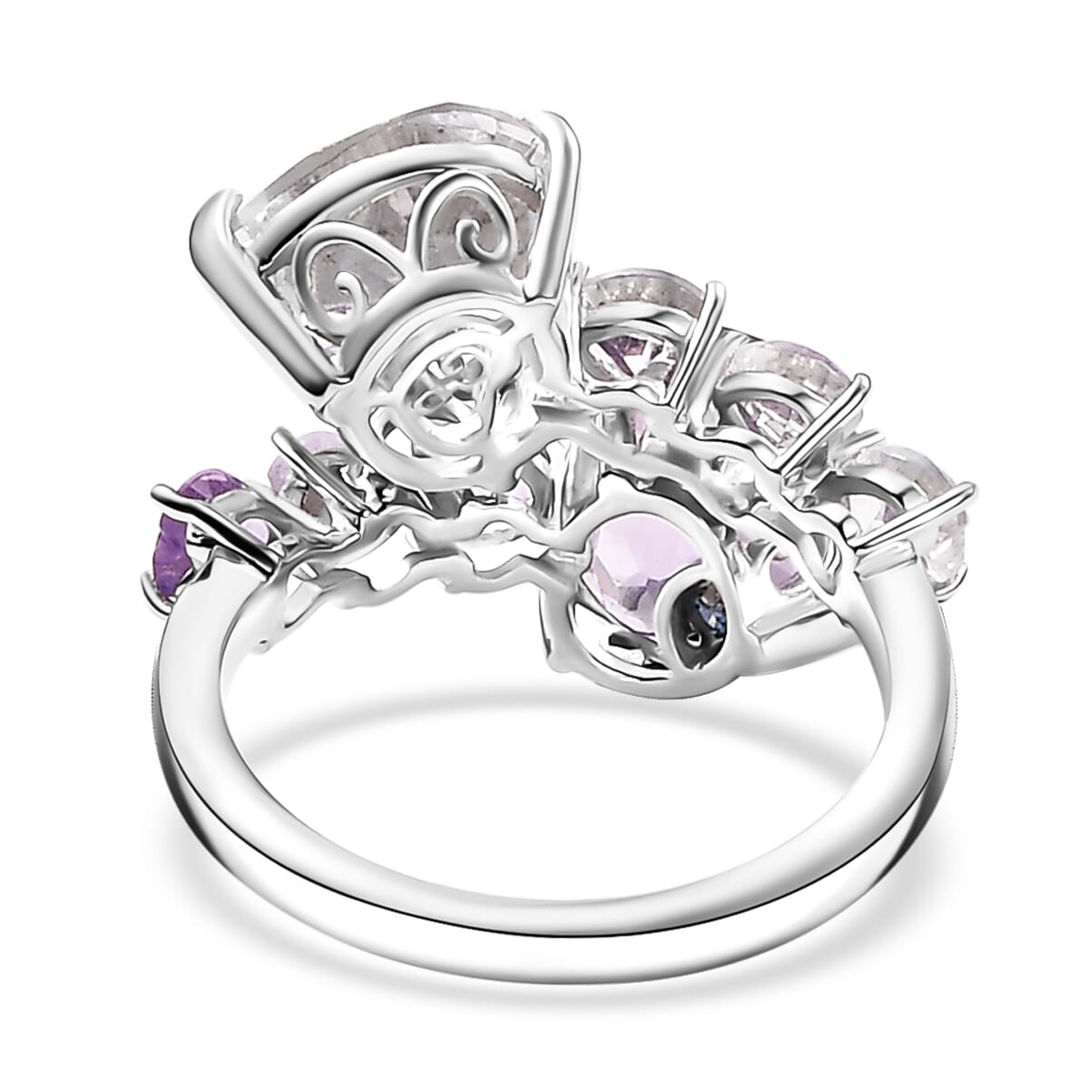 GP Amore Collection Rose De France Amethyst and White Topaz 9.00 ctw Heart Bypass Ring in Rhodium Over Sterling Silver (Size 5.0) image number 4