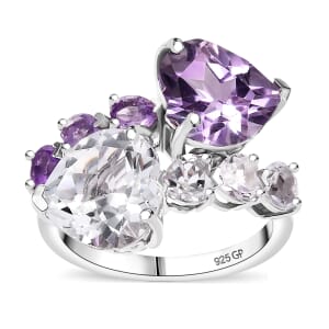 GP Amore Collection Rose De France Amethyst and White Topaz 9.00 ctw Heart Bypass Ring in Rhodium Over Sterling Silver (Size 7.0)