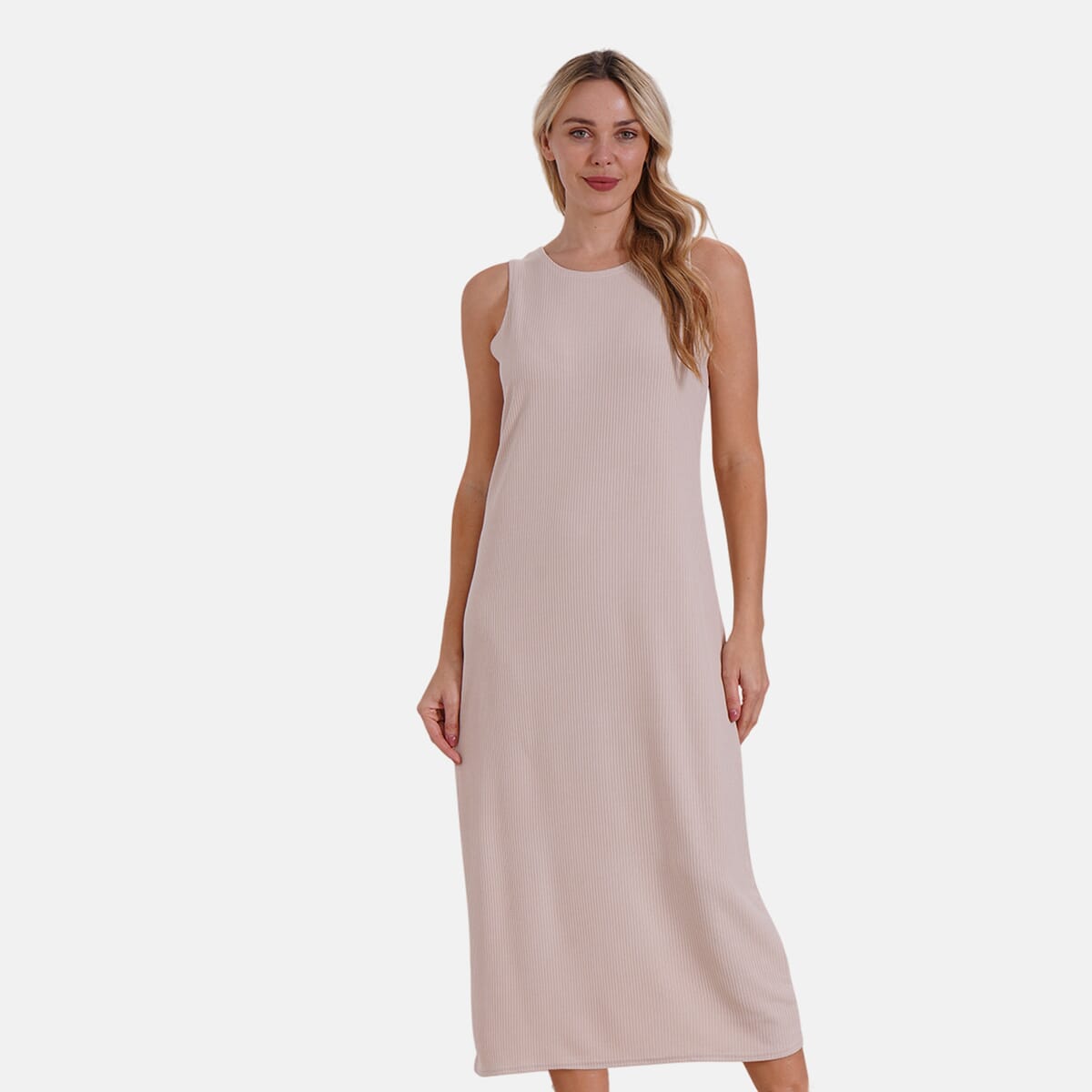 Beige Rib Knit Sleeveless Maxi Dress - One Size Fits Most image number 0
