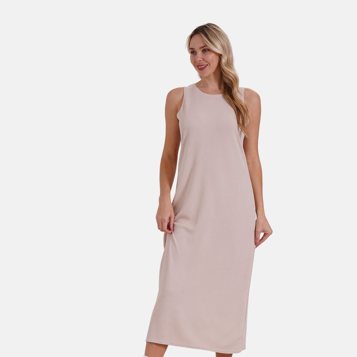 Beige Rib Knit Sleeveless Maxi Dress - One Size Fits Most image number 2