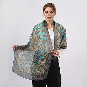 Teal 100% Silk Paisley Printed Scarf