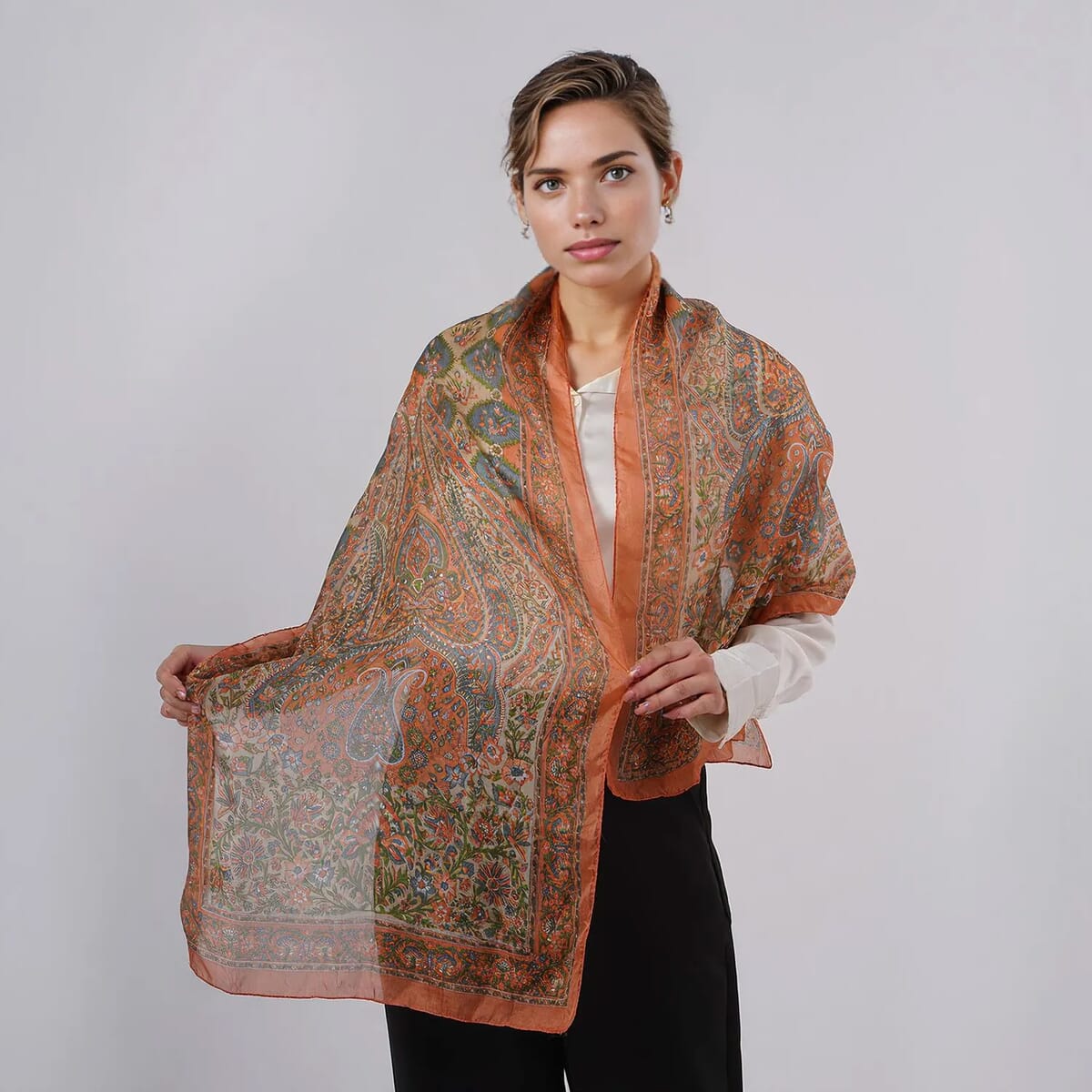 Orange 100% Silk Paisley Printed Scarf image number 0