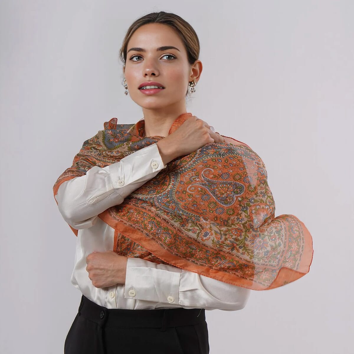 Orange 100% Silk Paisley Printed Scarf image number 1